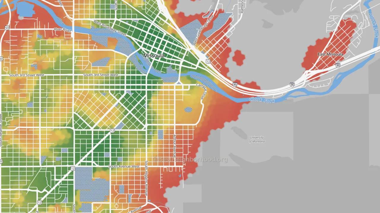Walk Grade map of 59812, MT, walkable areas in green and car-dependent areas in red