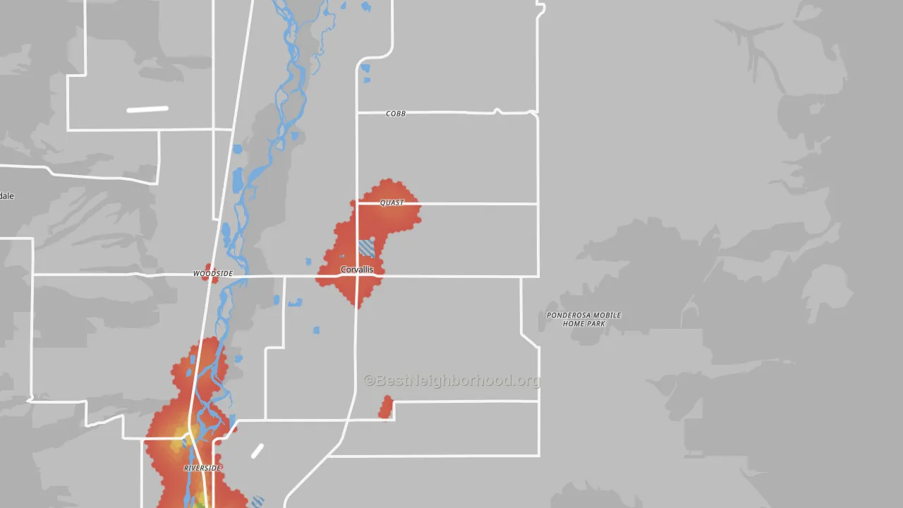 Walk Grade map of 59828, MT, walkable areas in green and car-dependent areas in red