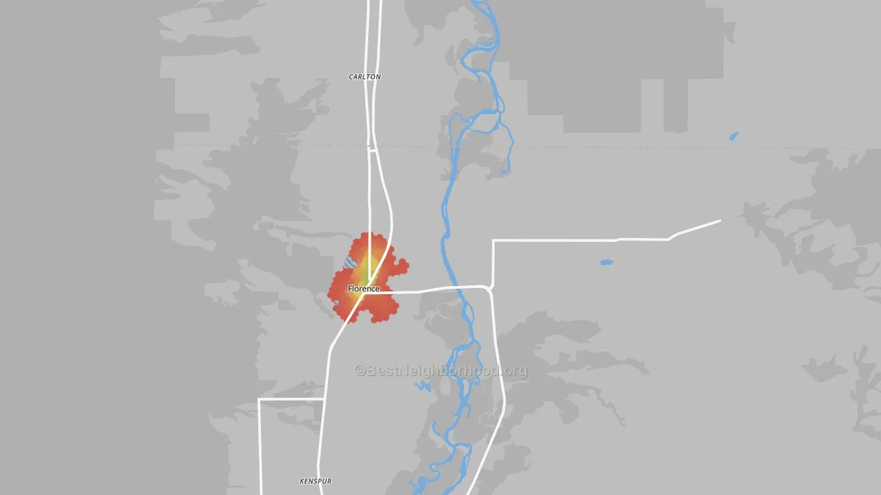 Walk Grade map of 59833, MT, walkable areas in green and car-dependent areas in red