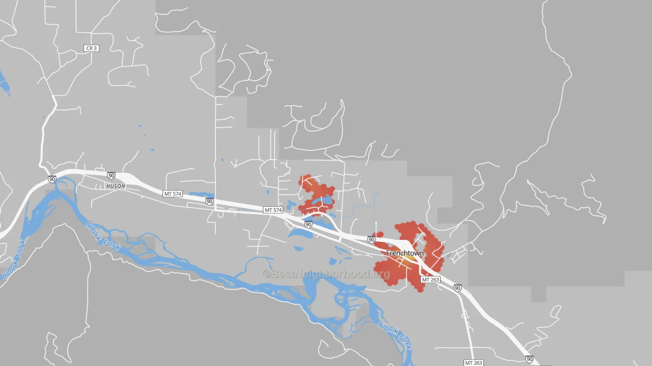 Walk Grade map of 59834, MT, walkable areas in green and car-dependent areas in red