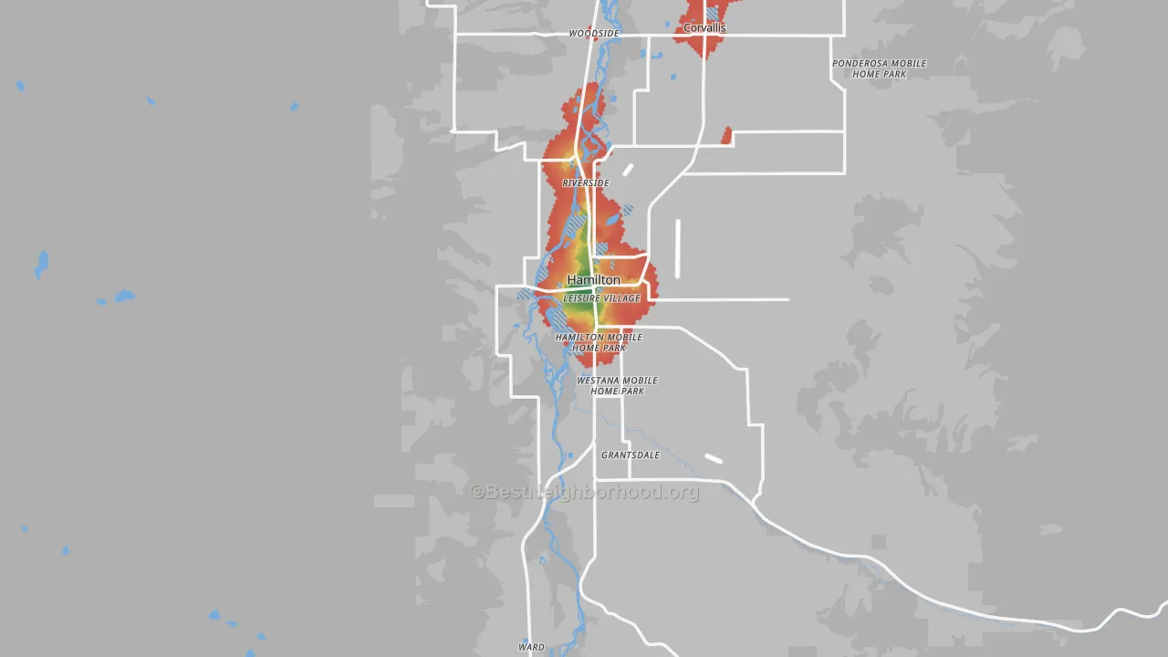 Walk Grade map of 59840, MT, walkable areas in green and car-dependent areas in red
