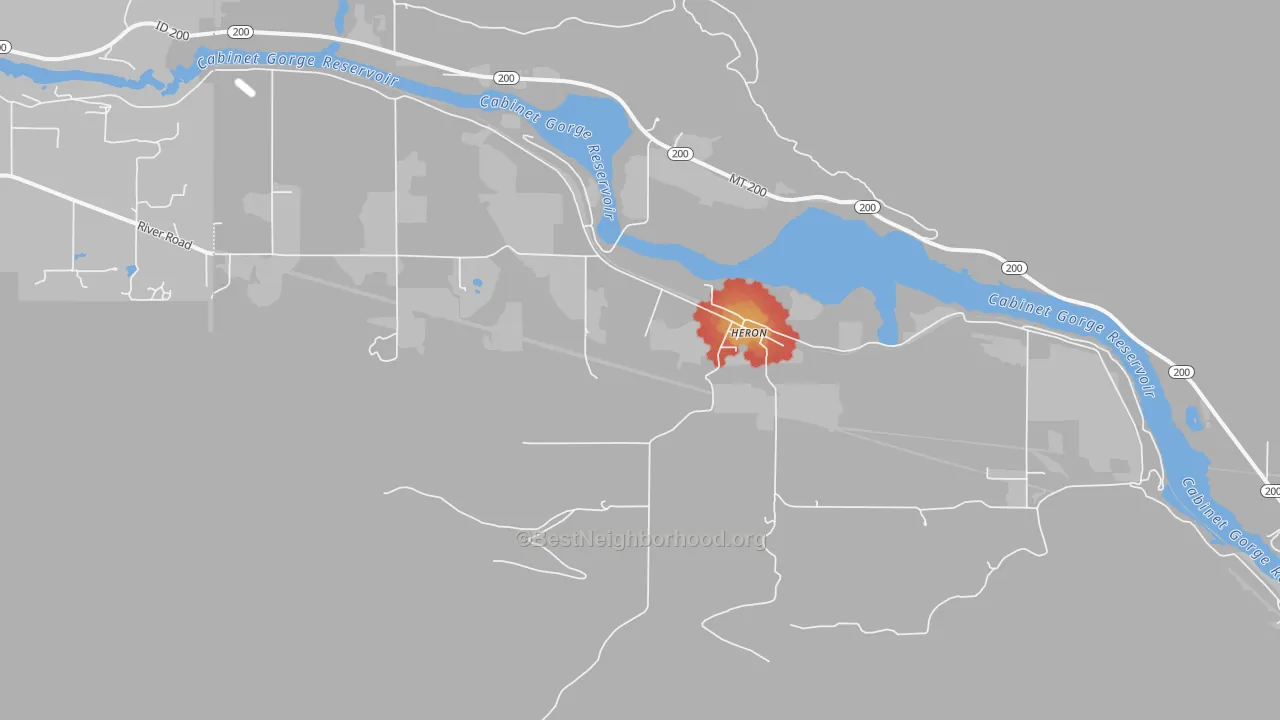 Walk Grade map of 59844, MT, walkable areas in green and car-dependent areas in red