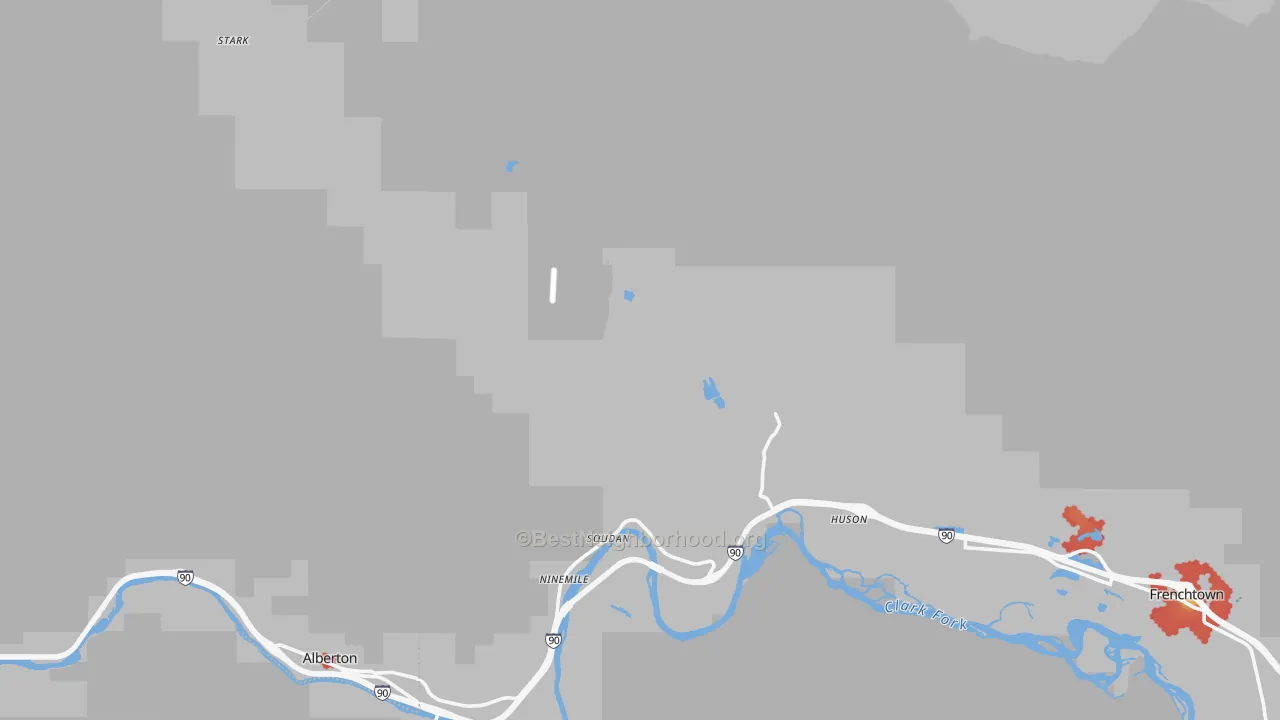 Walk Grade map of 59846, MT, walkable areas in green and car-dependent areas in red