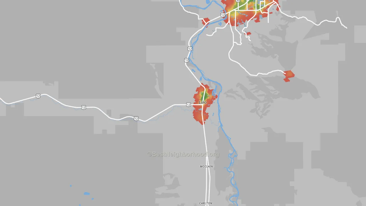 Walk Grade map of 59847, MT, walkable areas in green and car-dependent areas in red