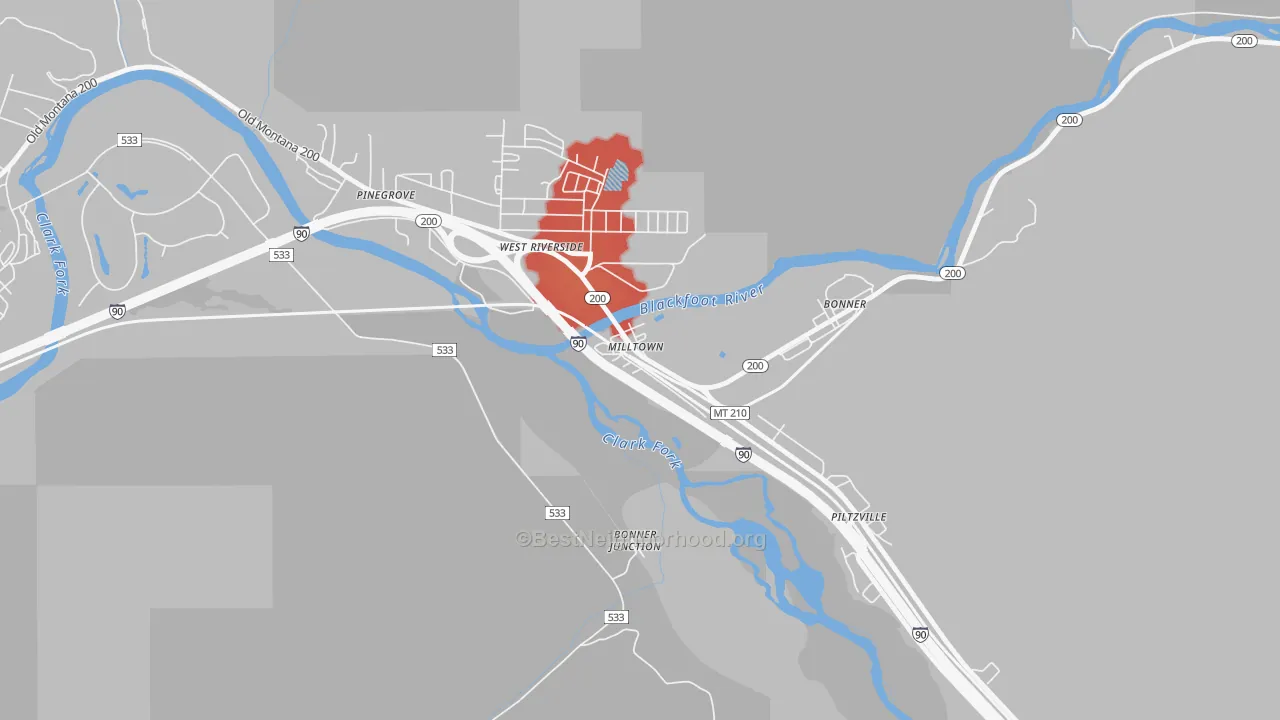 Walk Grade map of 59851, MT, walkable areas in green and car-dependent areas in red