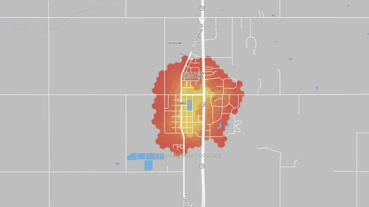 Walk Grade map of 59855, MT, walkable areas in green and car-dependent areas in red