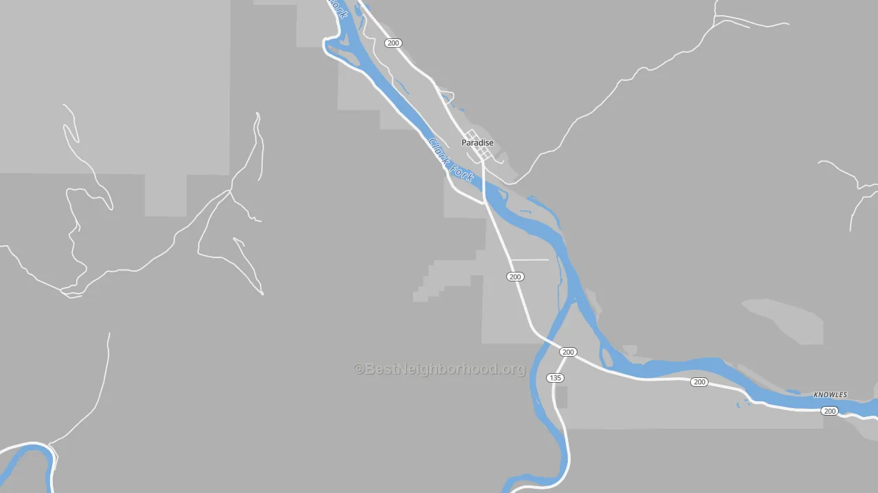 Walk Grade map of 59856, MT, walkable areas in green and car-dependent areas in red