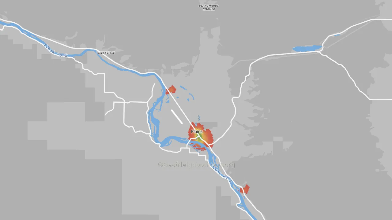 Walk Grade map of 59859, MT, walkable areas in green and car-dependent areas in red
