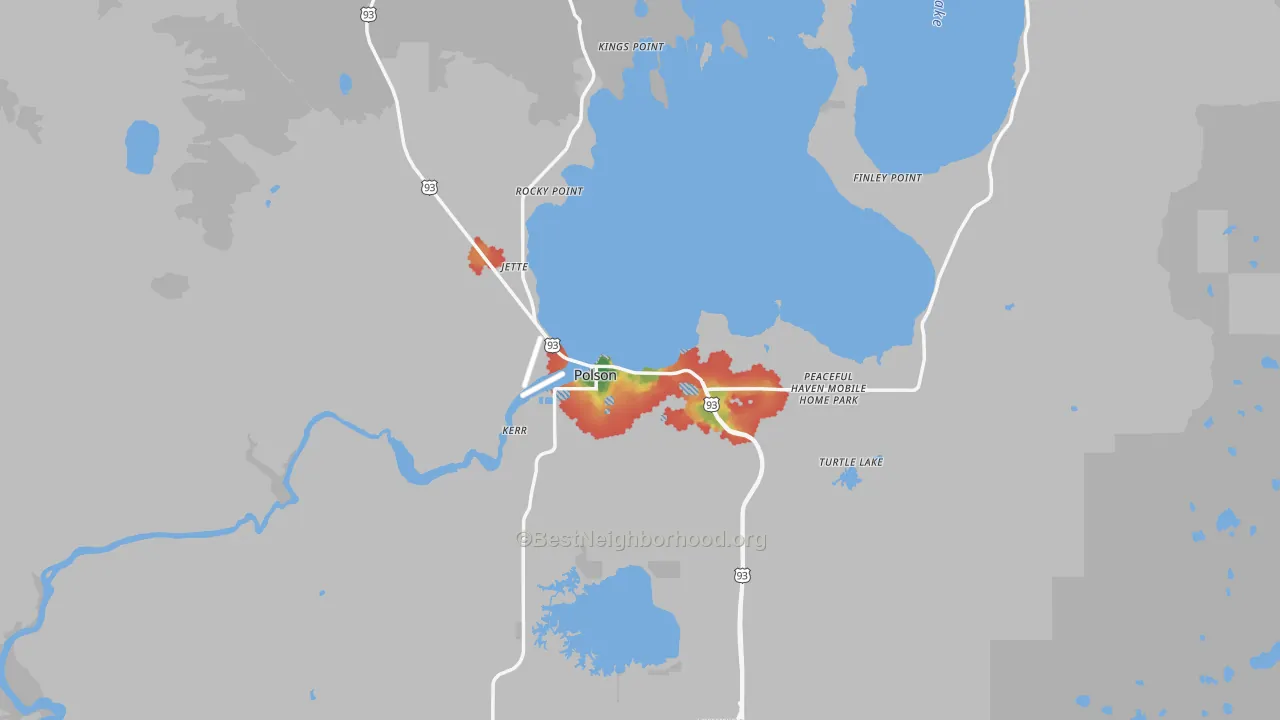 Walk Grade map of 59860, MT, walkable areas in green and car-dependent areas in red
