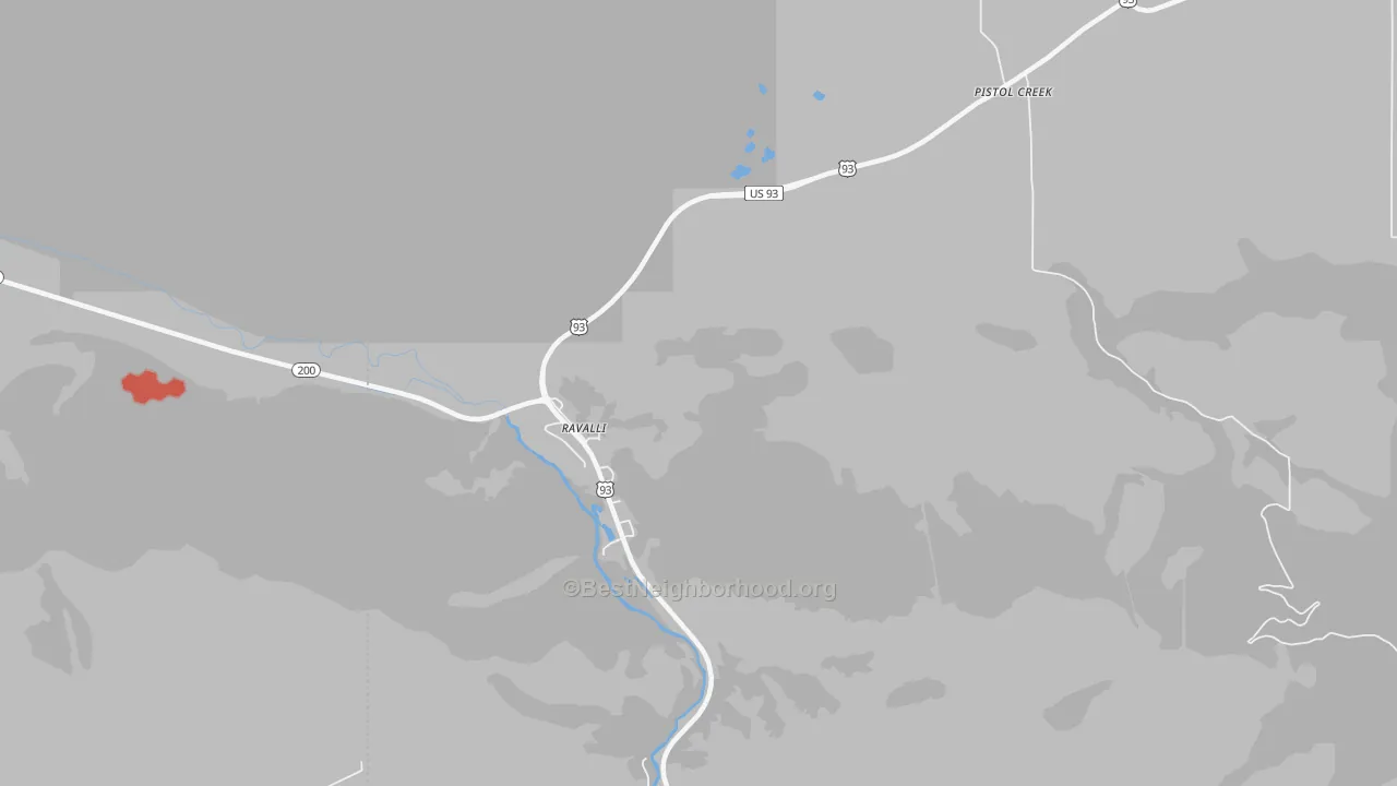 Walk Grade map of 59863, MT, walkable areas in green and car-dependent areas in red