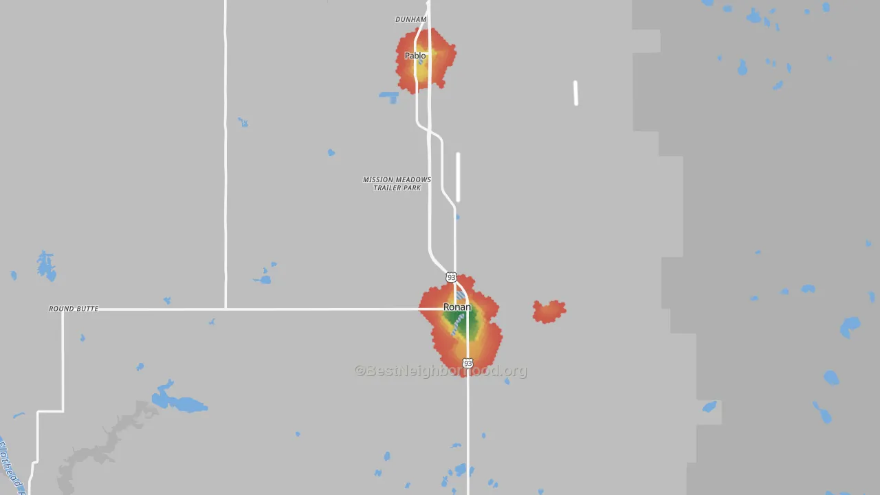 Walk Grade map of 59864, MT, walkable areas in green and car-dependent areas in red