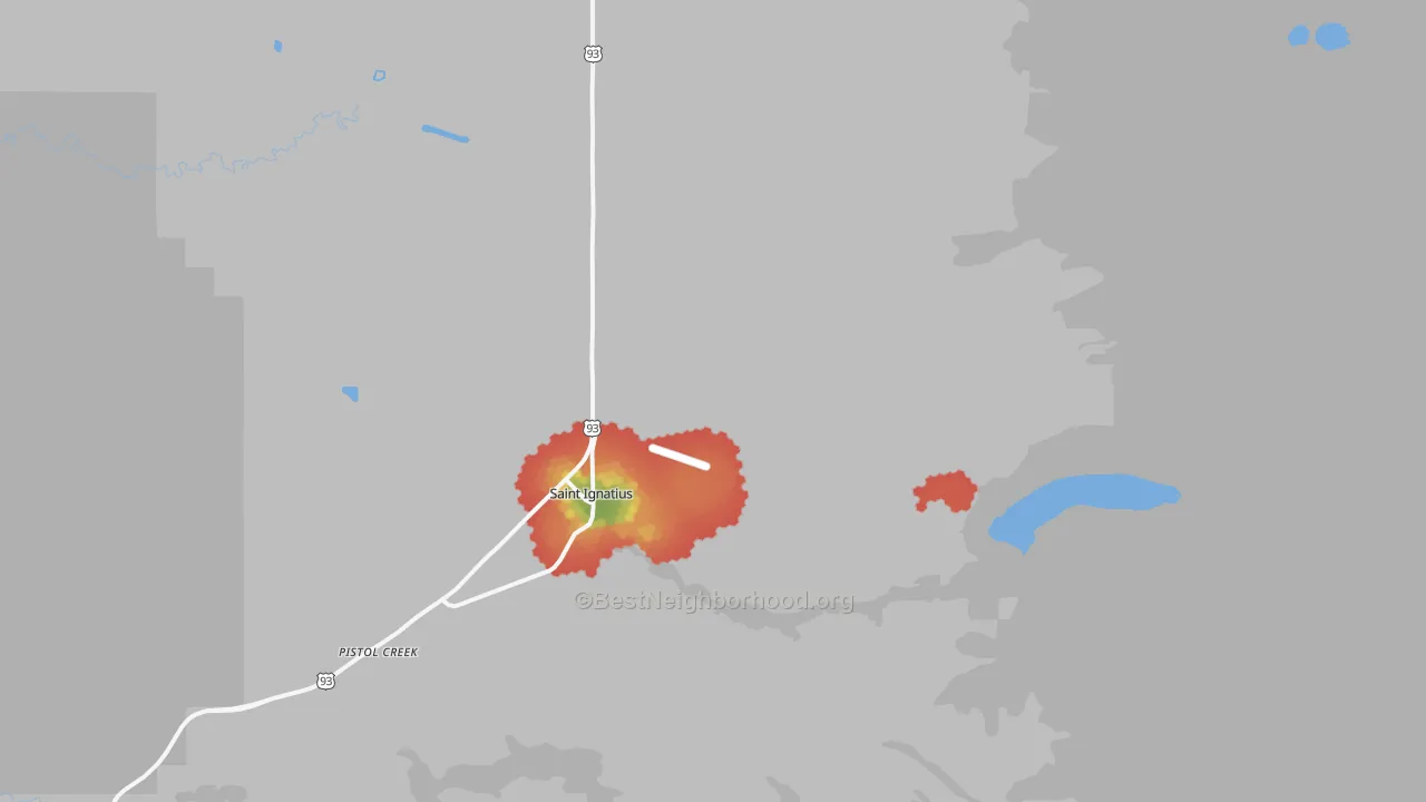 Walk Grade map of 59865, MT, walkable areas in green and car-dependent areas in red