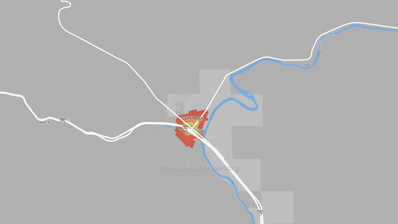 Walk Grade map of 59866, MT, walkable areas in green and car-dependent areas in red