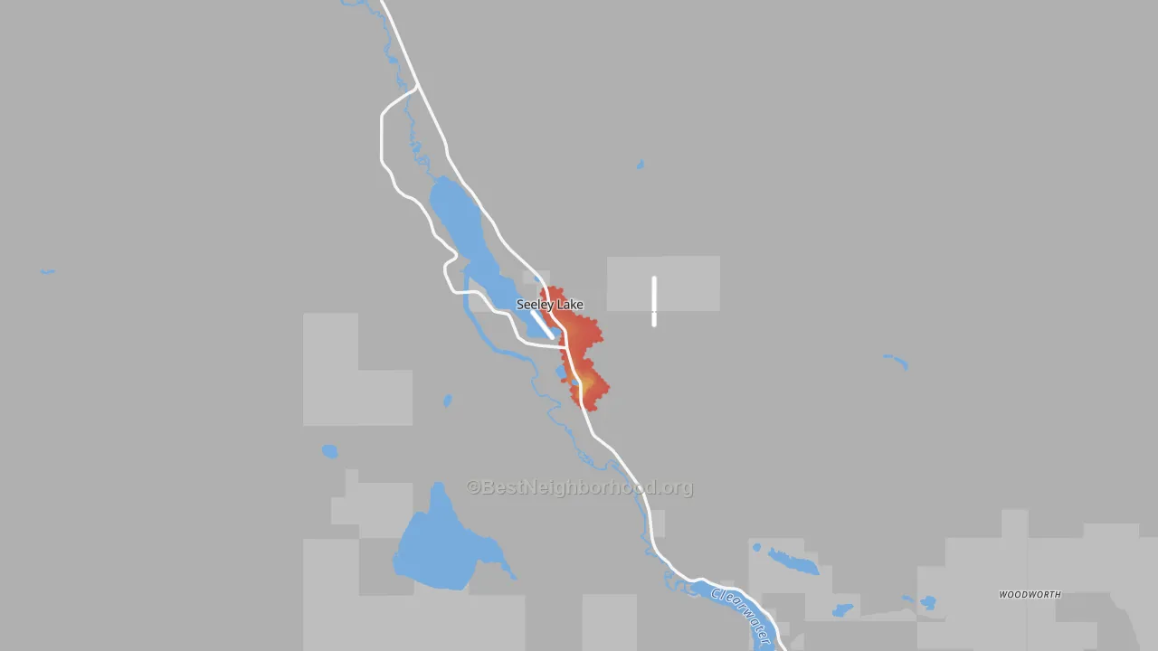 Walk Grade map of 59868, MT, walkable areas in green and car-dependent areas in red