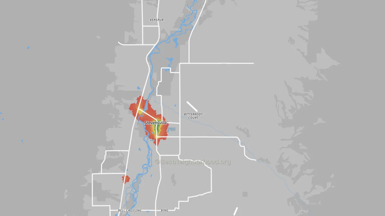 Walk Grade map of 59870, MT, walkable areas in green and car-dependent areas in red
