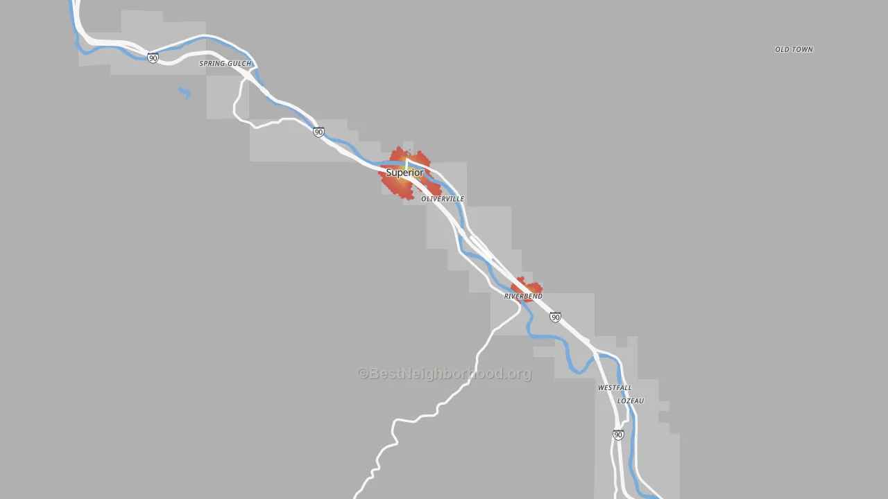 Walk Grade map of 59872, MT, walkable areas in green and car-dependent areas in red