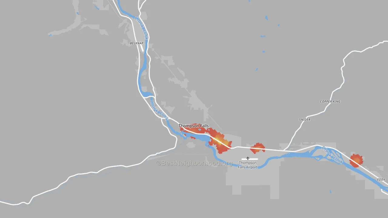 Walk Grade map of 59873, MT, walkable areas in green and car-dependent areas in red