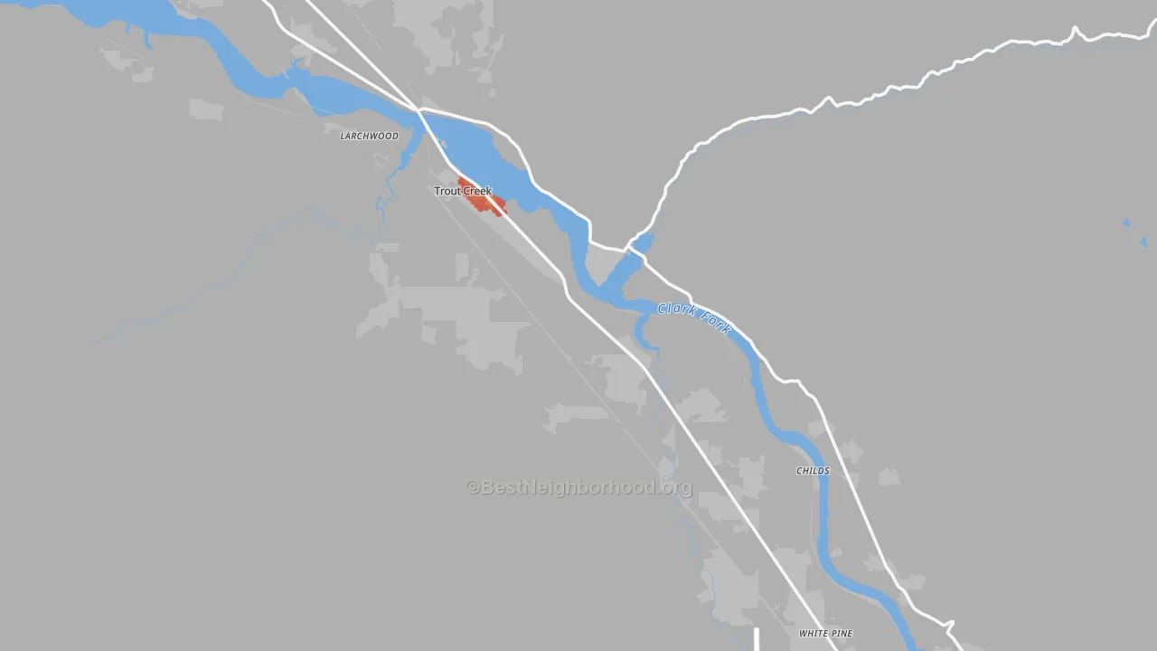 Walk Grade map of 59874, MT, walkable areas in green and car-dependent areas in red