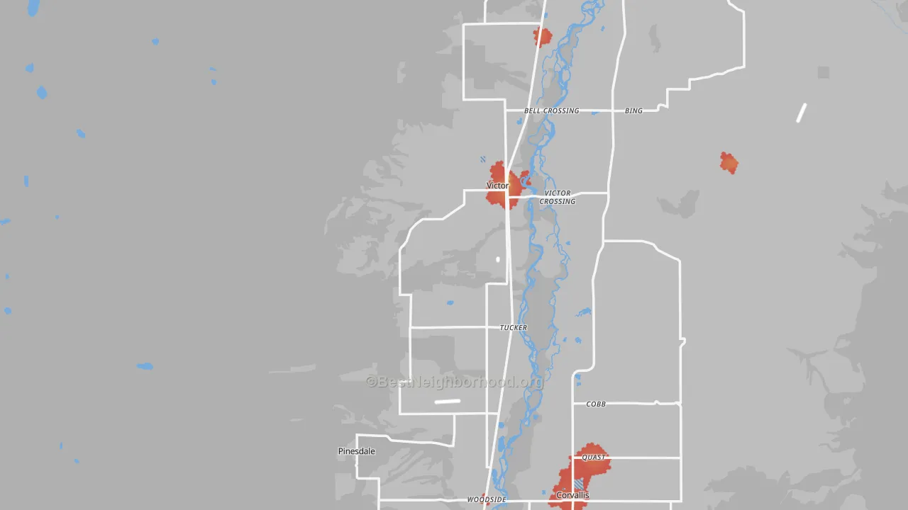 Walk Grade map of 59875, MT, walkable areas in green and car-dependent areas in red