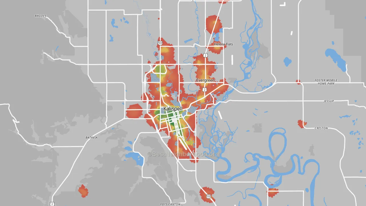 Walk Grade map of 59901, MT, walkable areas in green and car-dependent areas in red