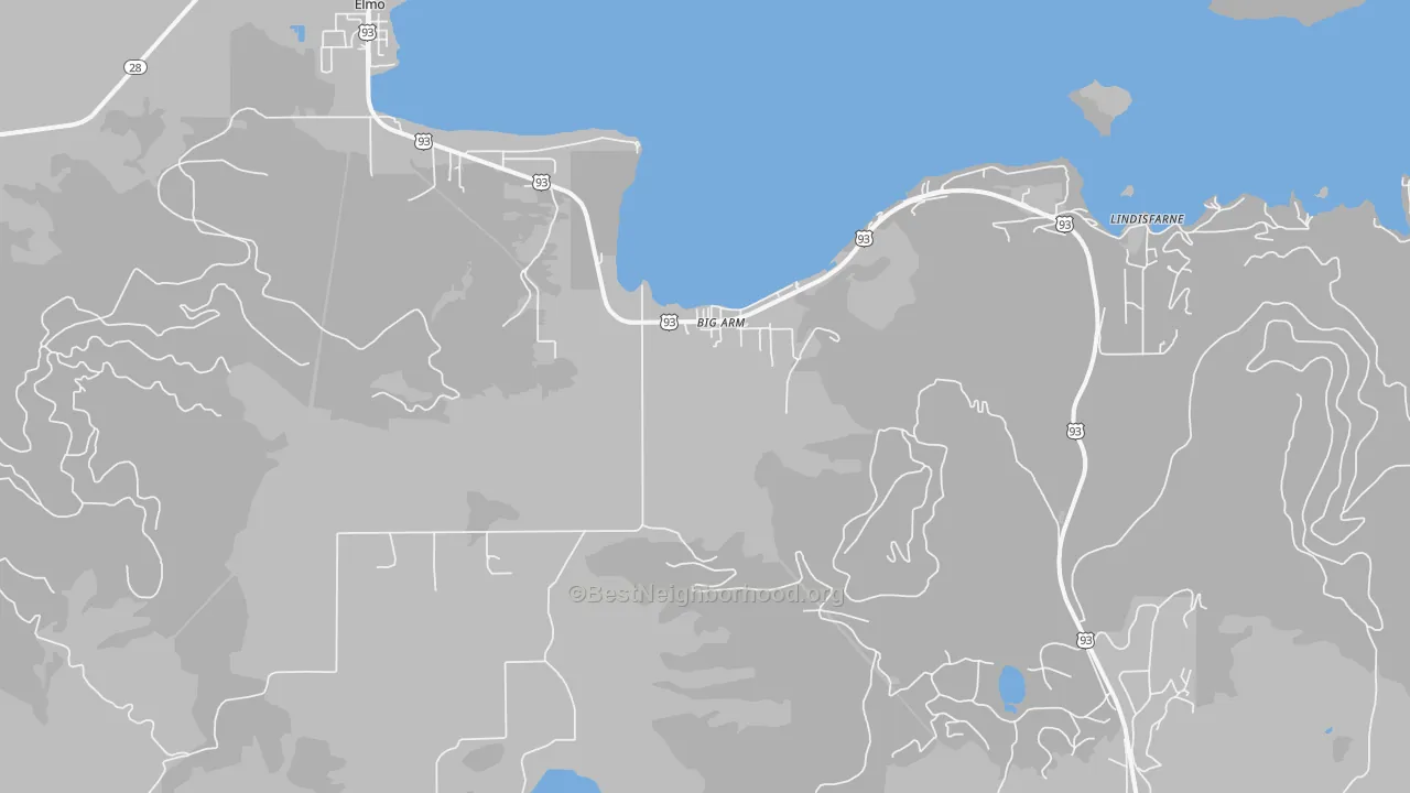 Walk Grade map of 59910, MT, walkable areas in green and car-dependent areas in red