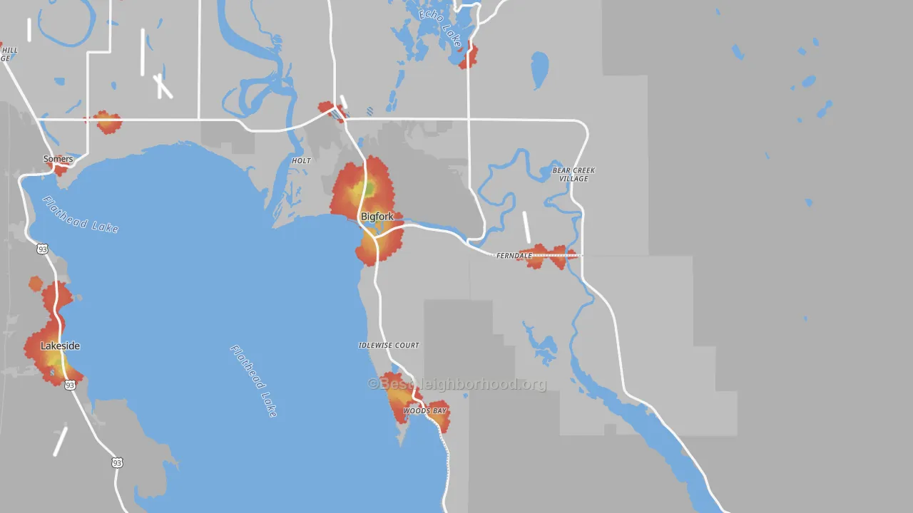 Walk Grade map of 59911, MT, walkable areas in green and car-dependent areas in red