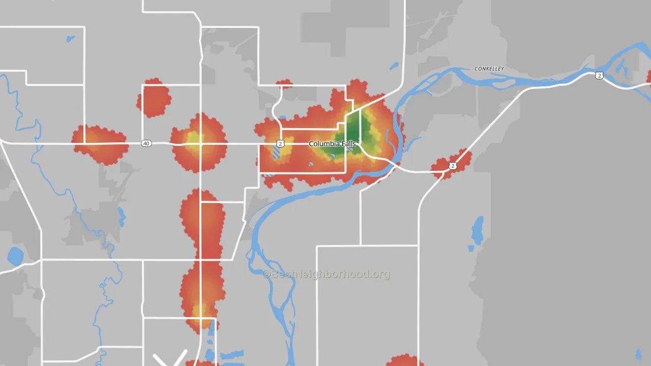 Walk Grade map of 59912, MT, walkable areas in green and car-dependent areas in red