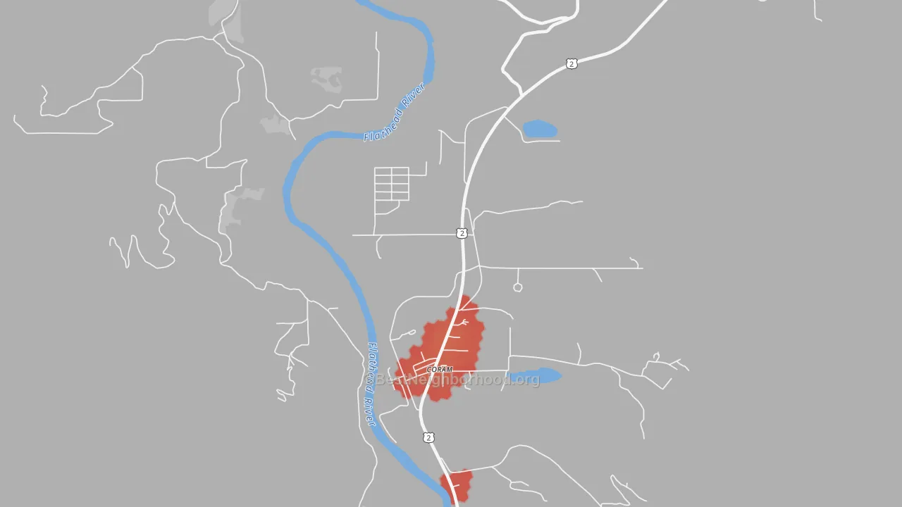 Walk Grade map of 59913, MT, walkable areas in green and car-dependent areas in red