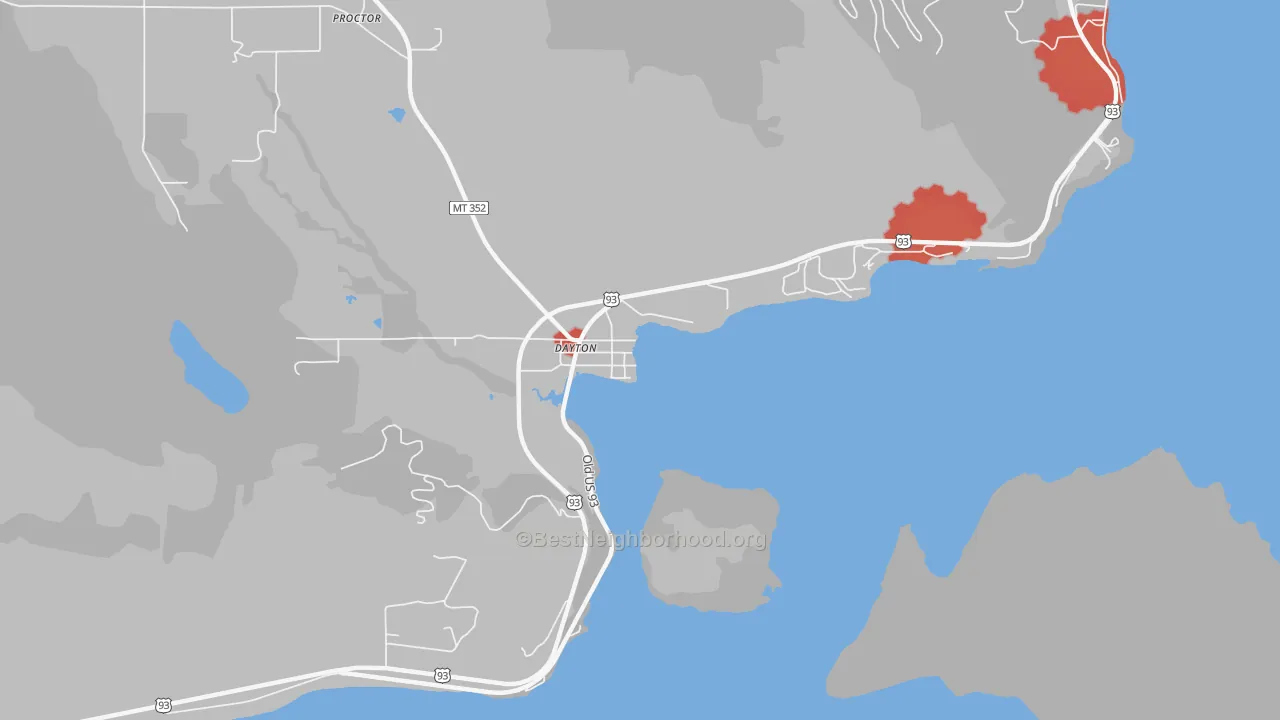 Walk Grade map of 59914, MT, walkable areas in green and car-dependent areas in red