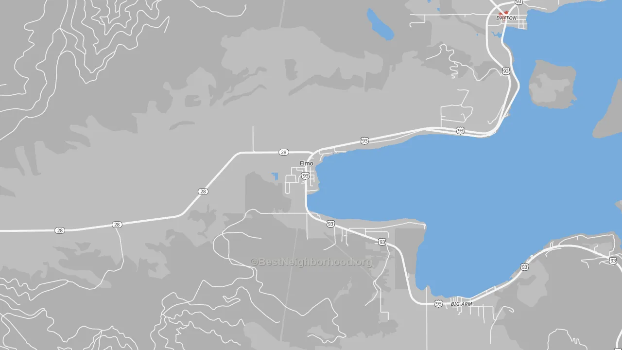 Walk Grade map of 59915, MT, walkable areas in green and car-dependent areas in red