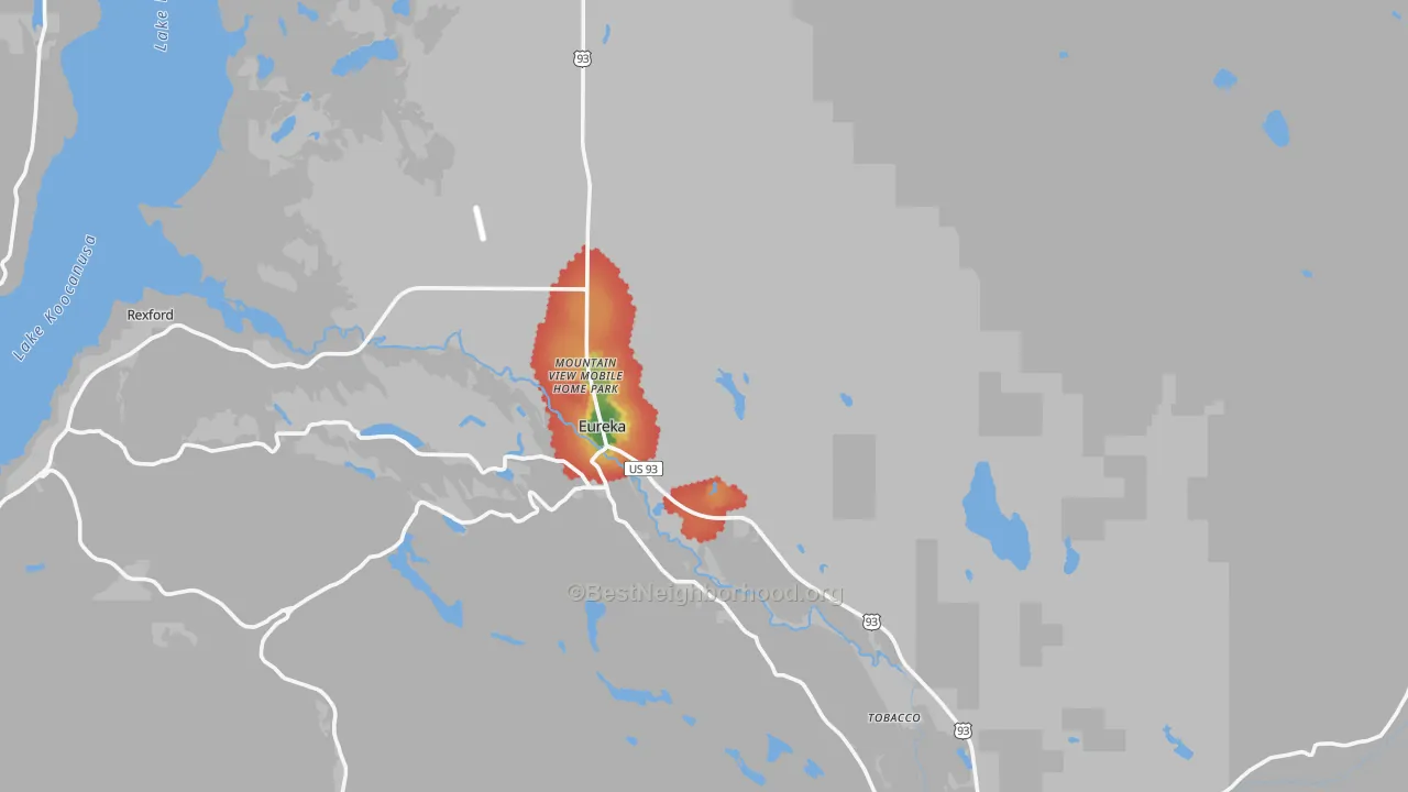 Walk Grade map of 59917, MT, walkable areas in green and car-dependent areas in red