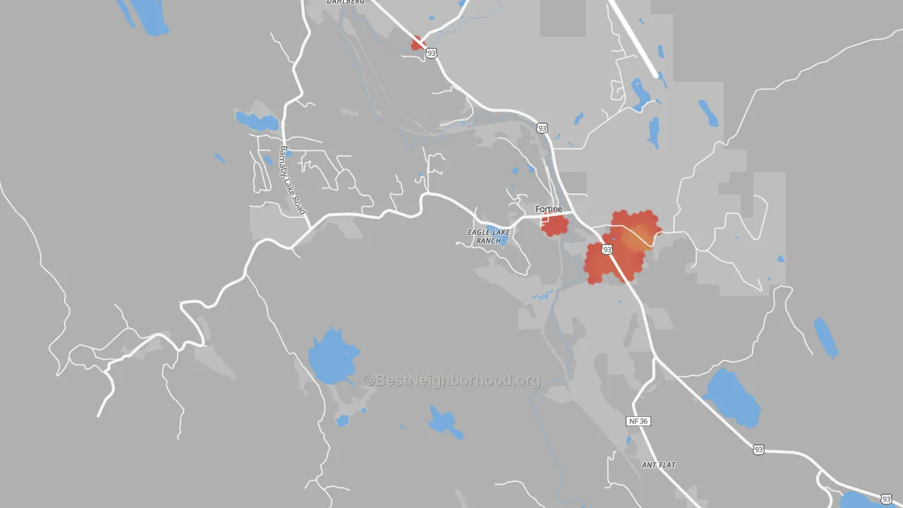 Walk Grade map of 59918, MT, walkable areas in green and car-dependent areas in red