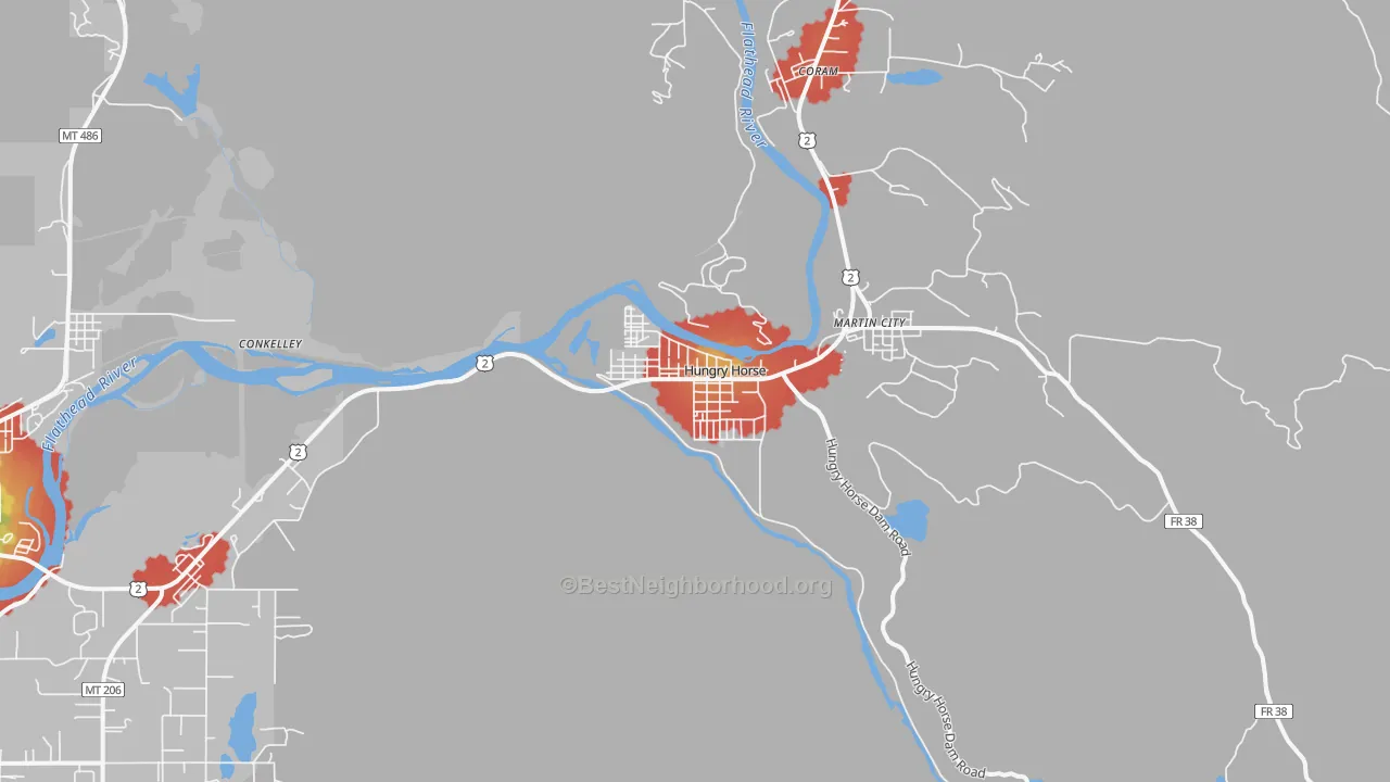 Walk Grade map of 59919, MT, walkable areas in green and car-dependent areas in red