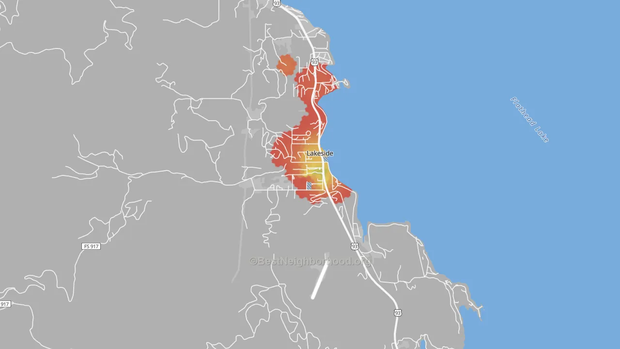 Walk Grade map of 59922, MT, walkable areas in green and car-dependent areas in red