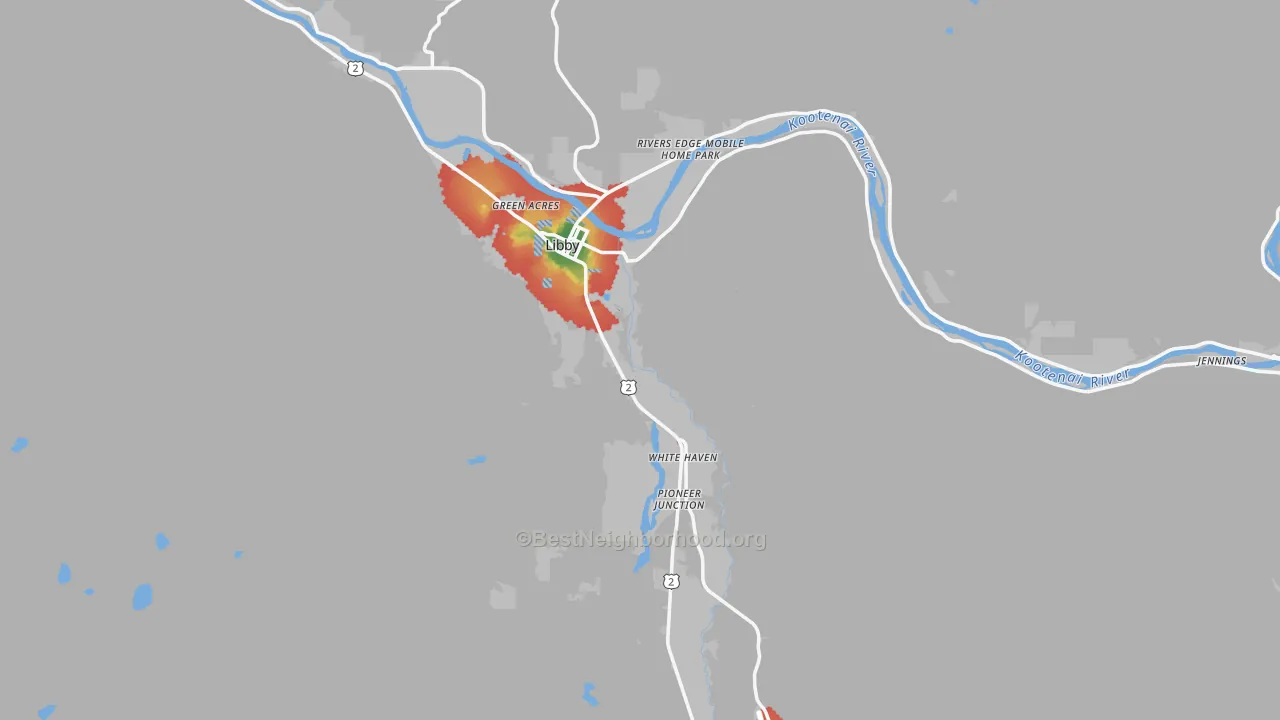 Walk Grade map of 59923, MT, walkable areas in green and car-dependent areas in red