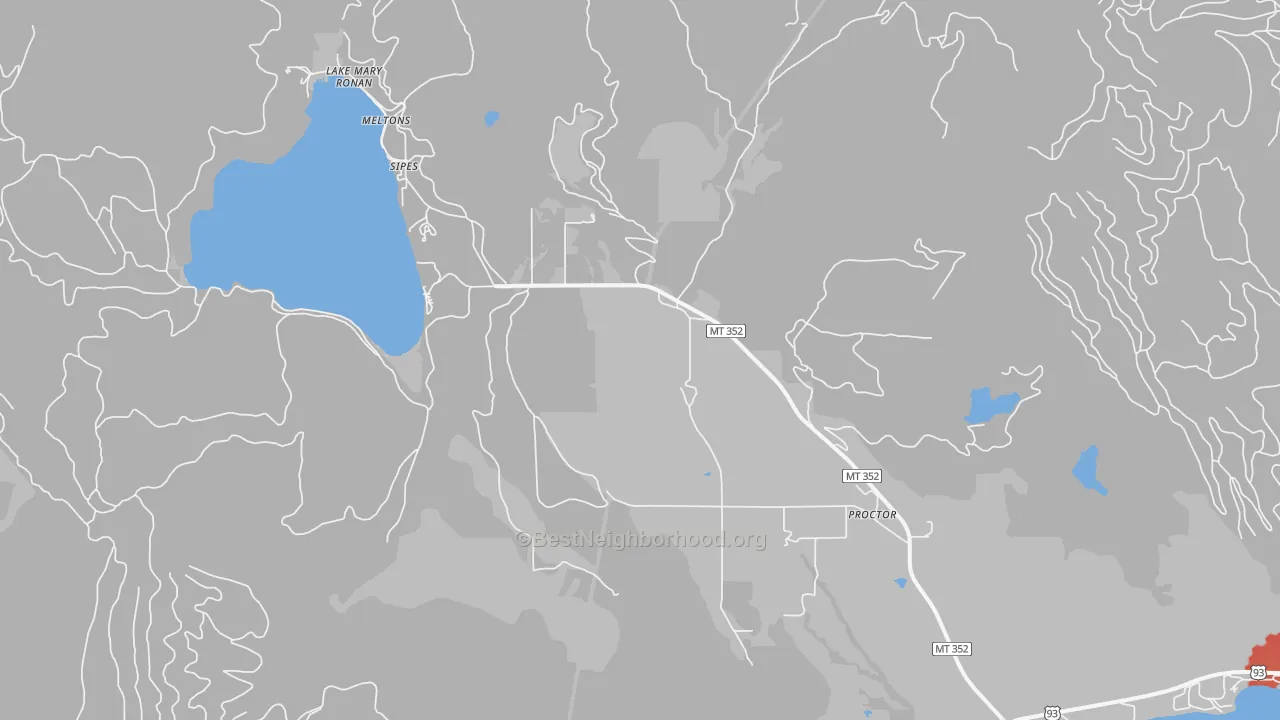 Walk Grade map of 59929, MT, walkable areas in green and car-dependent areas in red