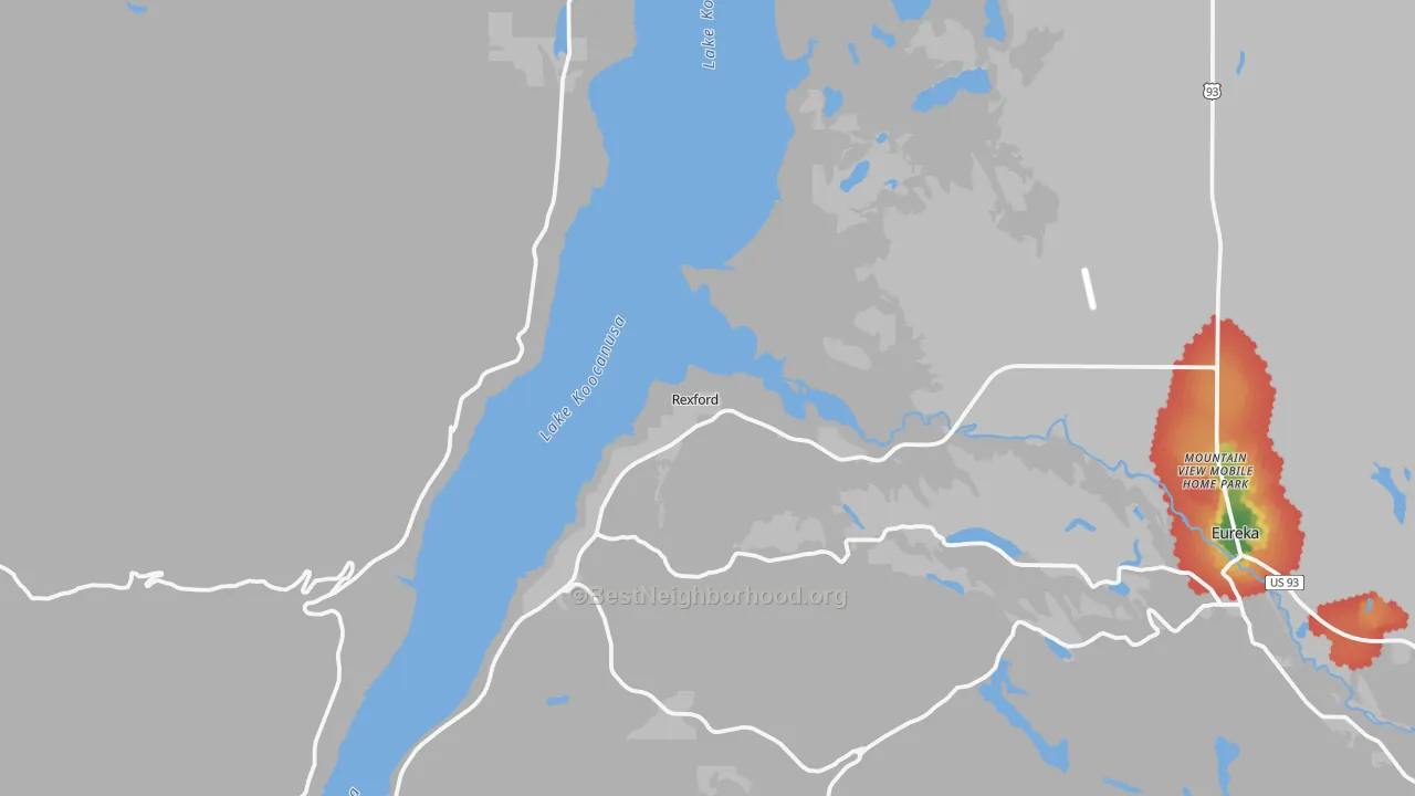 Walk Grade map of 59930, MT, walkable areas in green and car-dependent areas in red