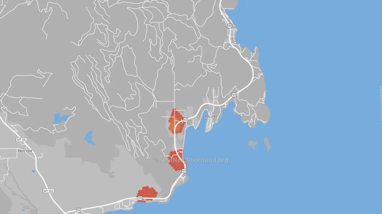 Walk Grade map of 59931, MT, walkable areas in green and car-dependent areas in red