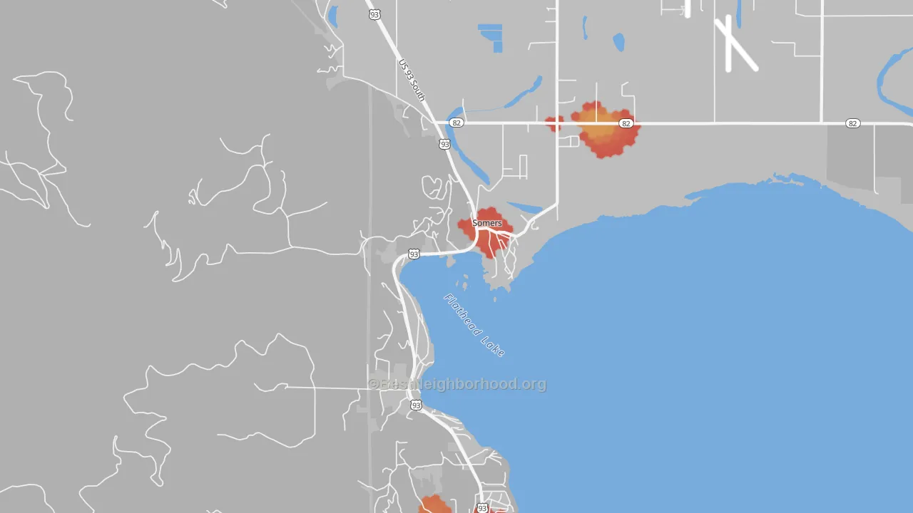 Walk Grade map of 59932, MT, walkable areas in green and car-dependent areas in red