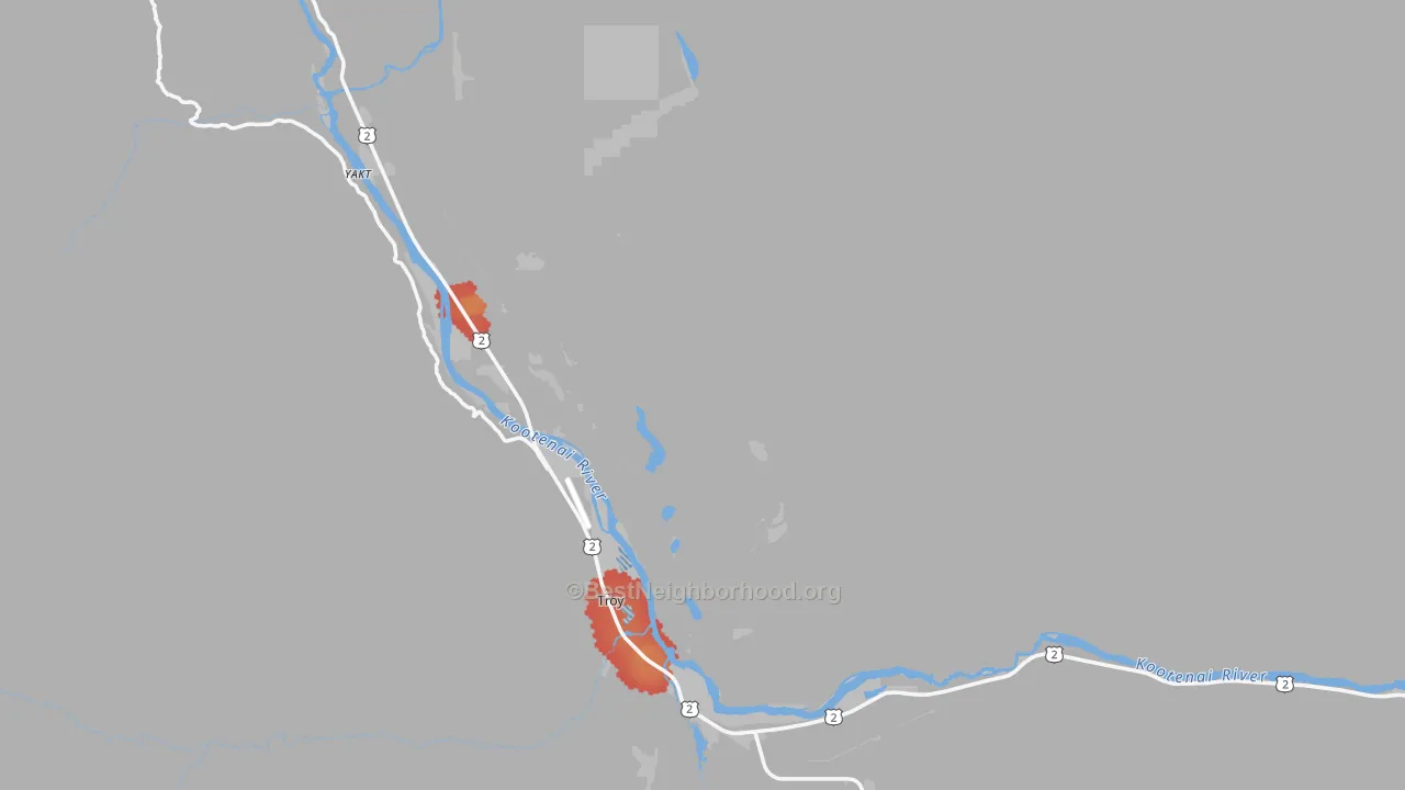 Walk Grade map of 59935, MT, walkable areas in green and car-dependent areas in red