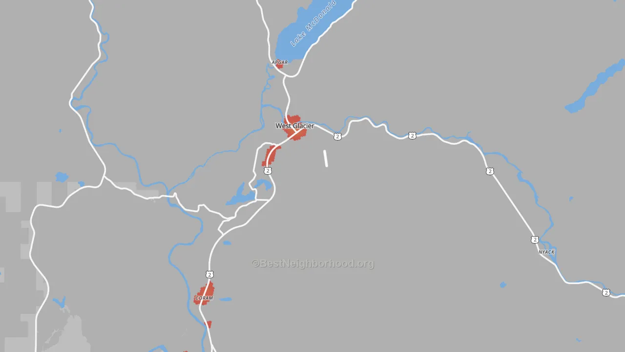Walk Grade map of 59936, MT, walkable areas in green and car-dependent areas in red