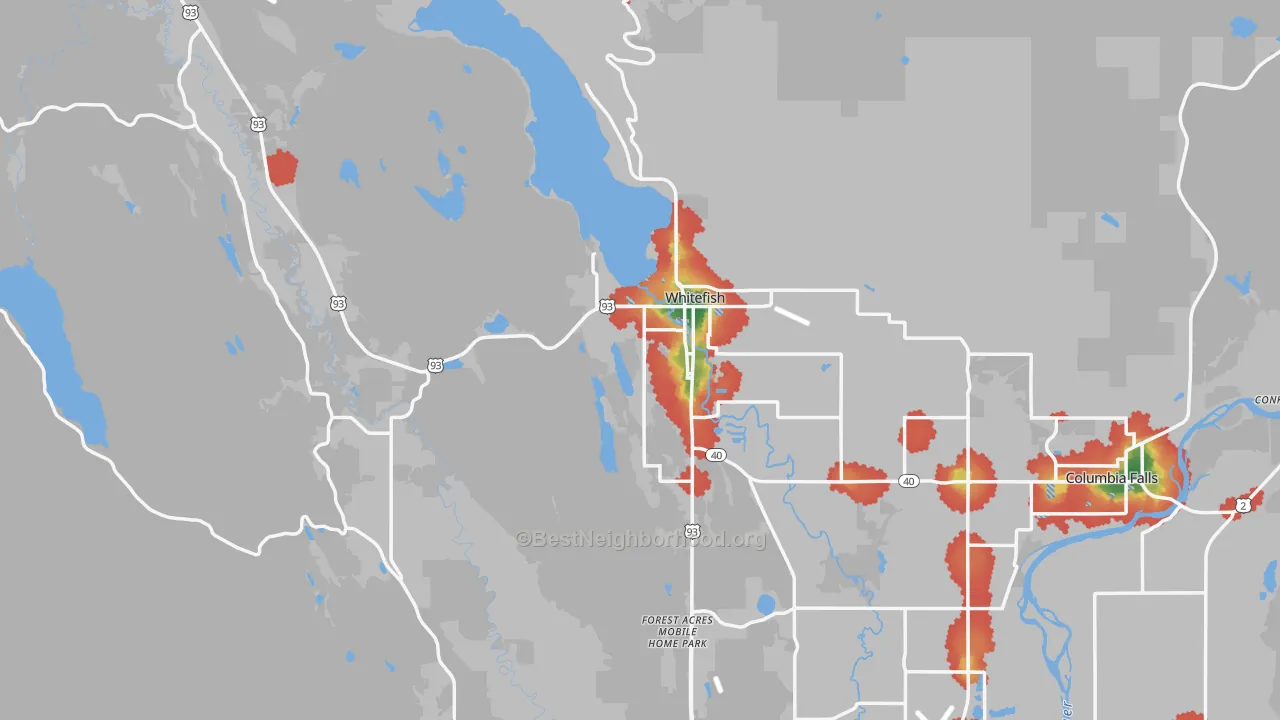 Walk Grade map of 59937, MT, walkable areas in green and car-dependent areas in red