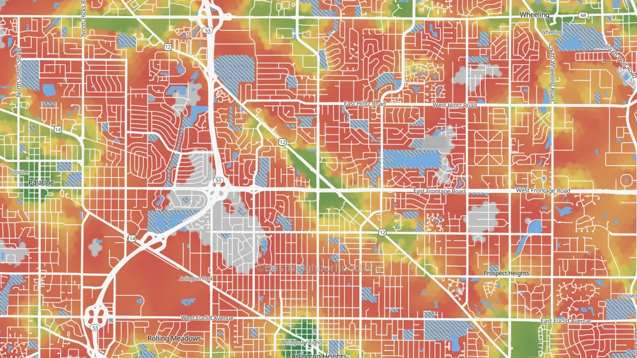 Walk Grade map of 60004, IL, walkable areas in green and car-dependent areas in red