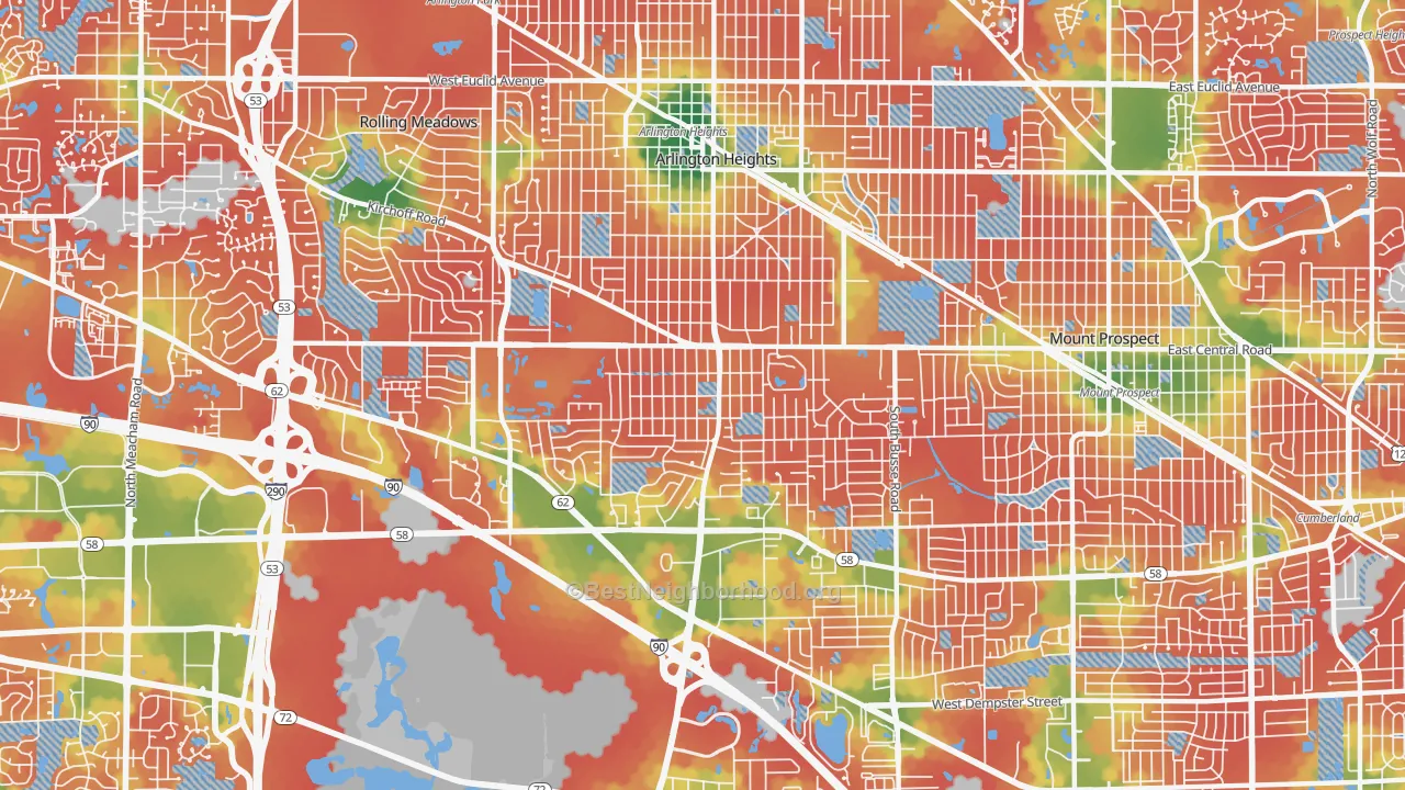 Walk Grade map of 60005, IL, walkable areas in green and car-dependent areas in red