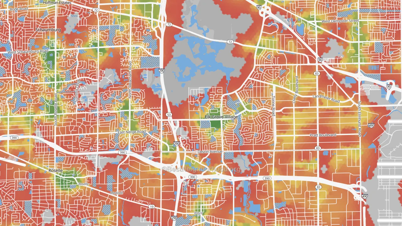 Walk Grade map of 60007, IL, walkable areas in green and car-dependent areas in red