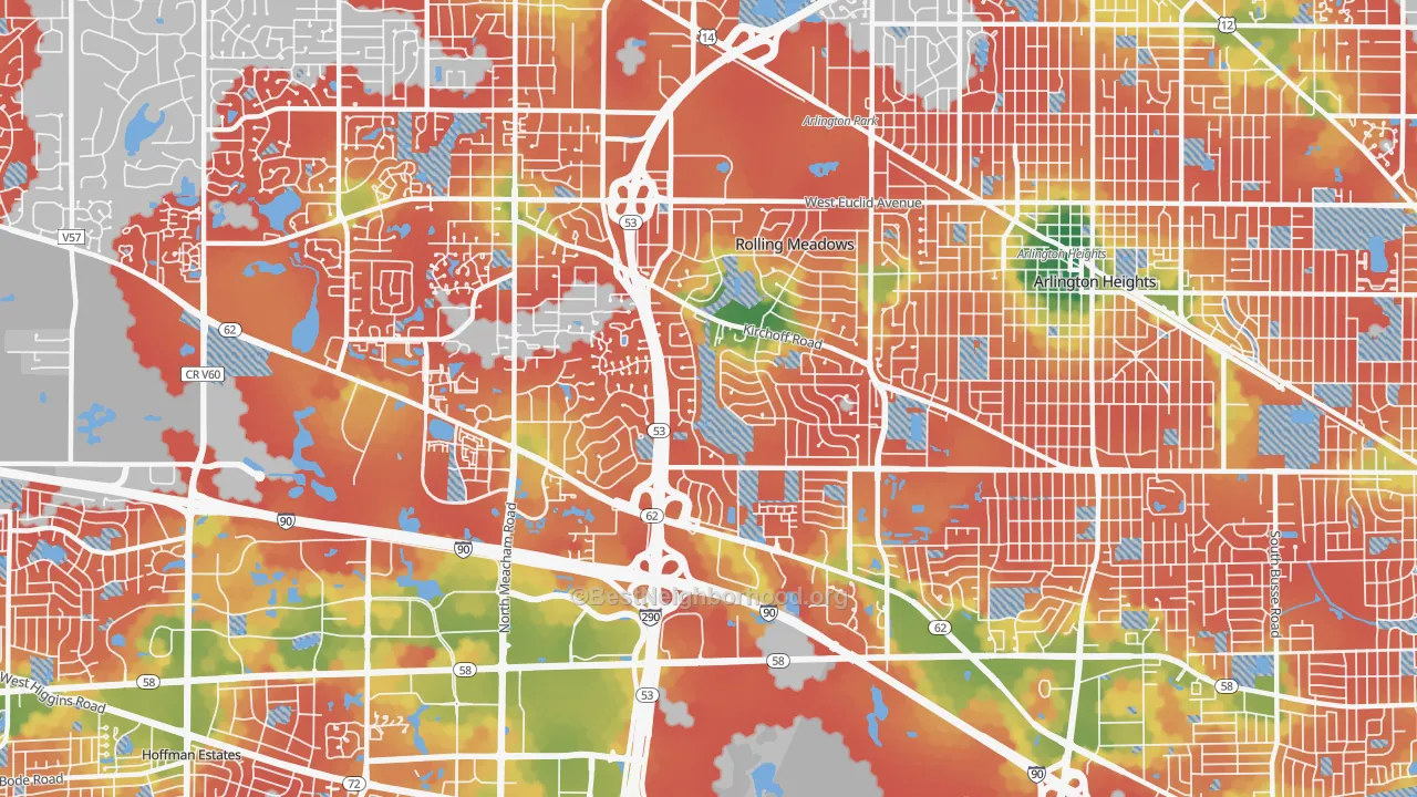 Walk Grade map of 60008, IL, walkable areas in green and car-dependent areas in red