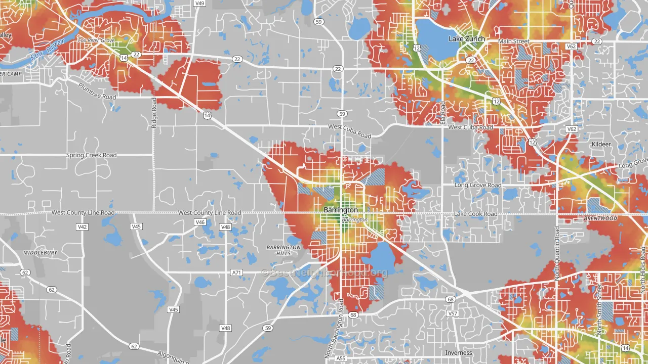 Walk Grade map of 60010, IL, walkable areas in green and car-dependent areas in red