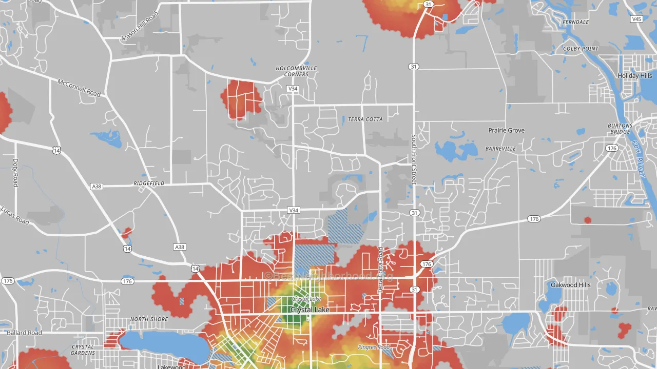 Walk Grade map of 60012, IL, walkable areas in green and car-dependent areas in red
