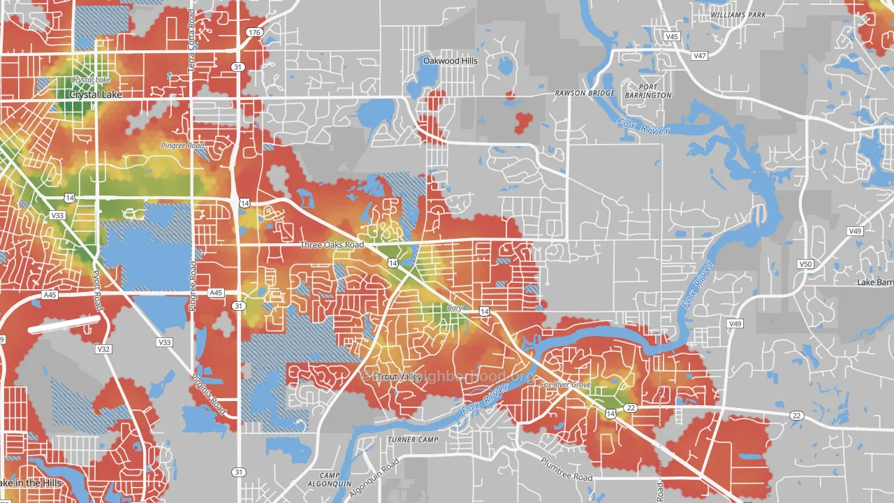 Walk Grade map of 60013, IL, walkable areas in green and car-dependent areas in red
