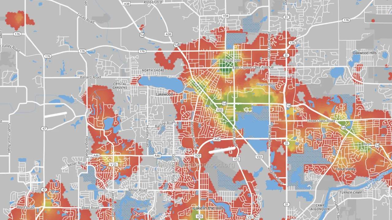 Walk Grade map of 60014, IL, walkable areas in green and car-dependent areas in red